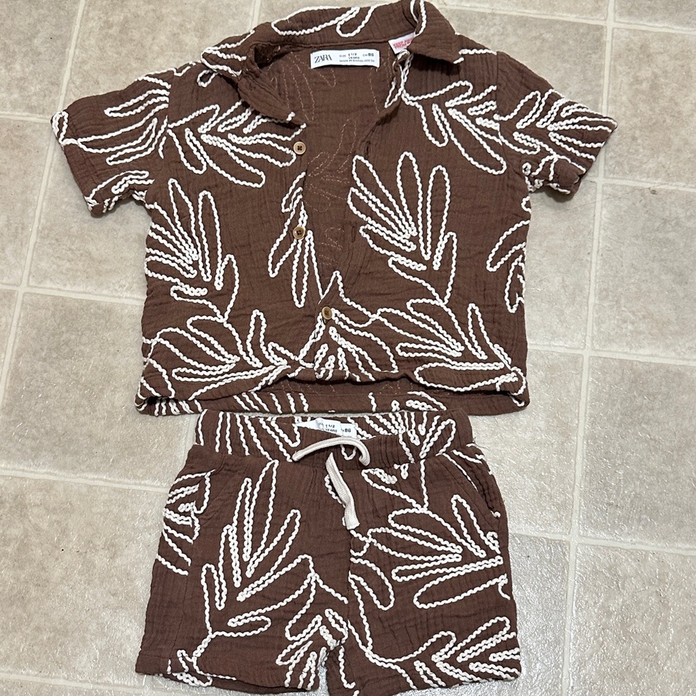 Zara Kids Leaf Print Set - Brown and White